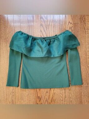 J. Crew Green Off-Shoulder Ruffle Long-Sleeve Top